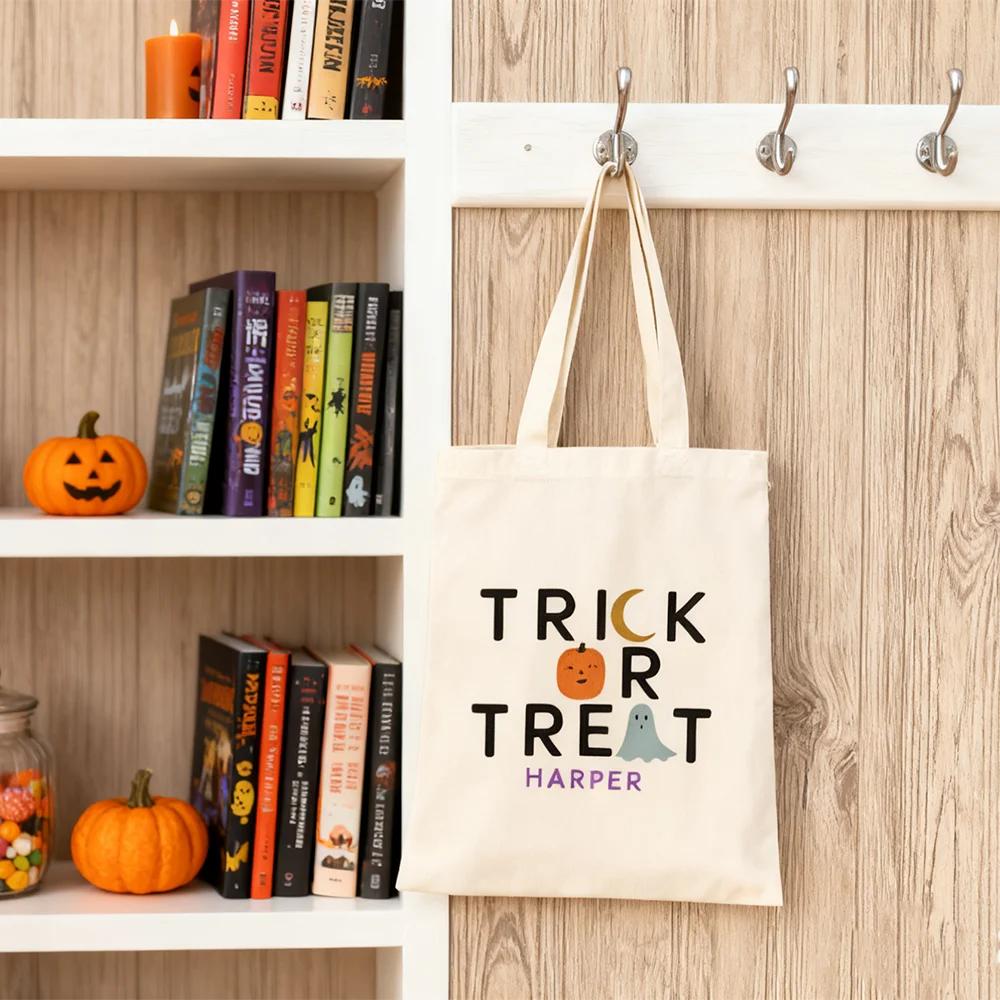 Personalized Kids Trick or Treat Bag with Name Tote Bag Halloween Bucket Gift Halloween Party Decor Grocery Shopping Candy Bag