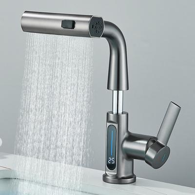 Sıcak Soğuk Su Lavabo Bataryası Banyo İçin Sıcaklık Dijital Ekran Çekmeli Şelale Akış 3 Yollu Püskürtücü Lavabo Mikseri Yıkama Musluğu