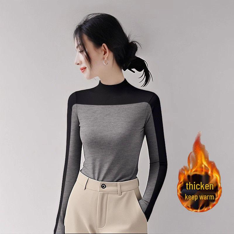 

Women s Color-block High-Neck Long-Sleeve Slim-Fit Patchwork Brushed Base Layer Top XL [107-124 lbs]