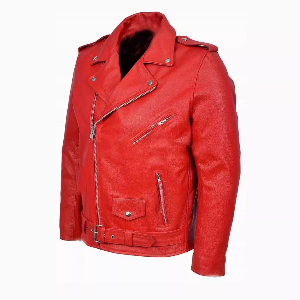 European and American locomotive leather jacket autumn and winter men's leather jacket men's short cable-stayed leather jacket men's red coat