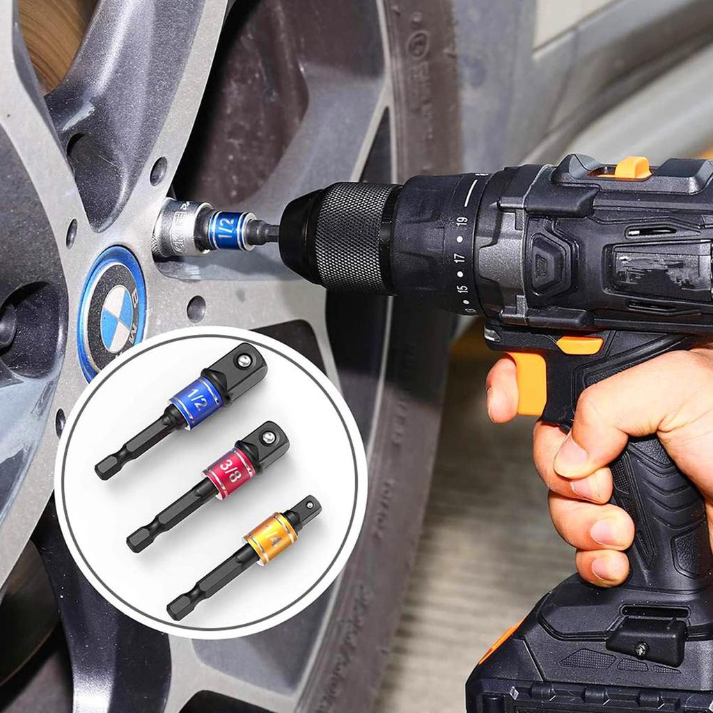 Impact Grade Power Hand Tools Driver Sockets Adapter Extension Set, 3Pcs 1/4 3/8 1/2" Hex Shank Drill Nut Driver Bit Set + 105 Degree Right Angle