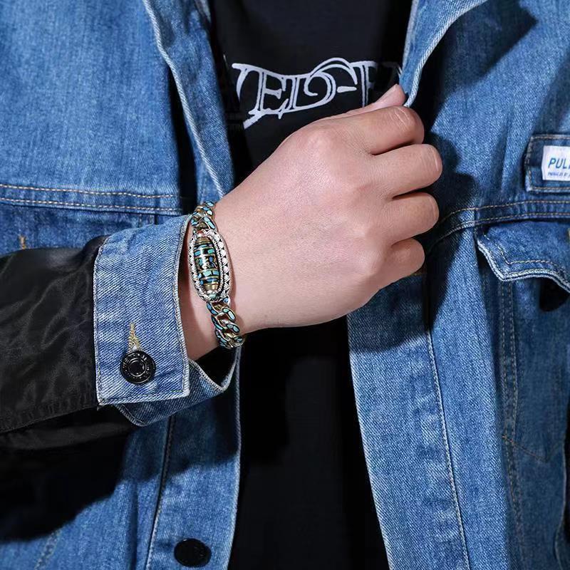 Turkos Sex-teckens Mantra Nioögon Dzi-pärlarmband Herr Transshipment Hipster Personlighet Damarmband i Silver