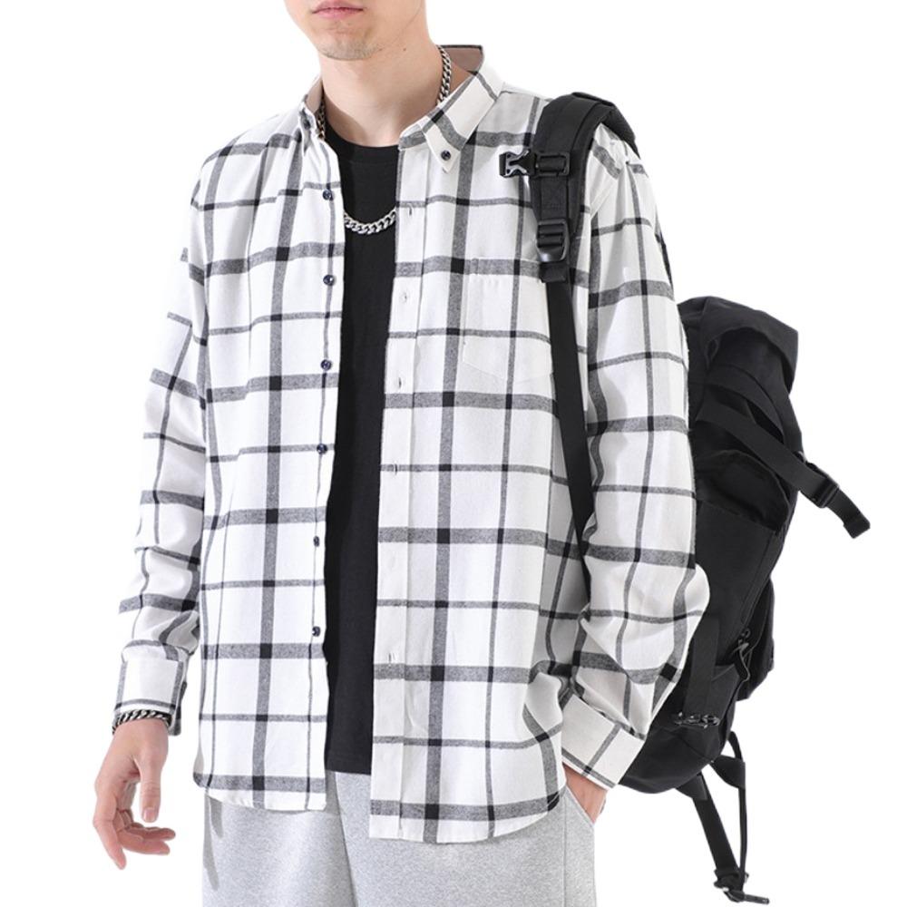 Button Up Men Blouse Lapel Long Sleeve Overshirts Unisex Casual Plaid Oversized Shirts  Unisex