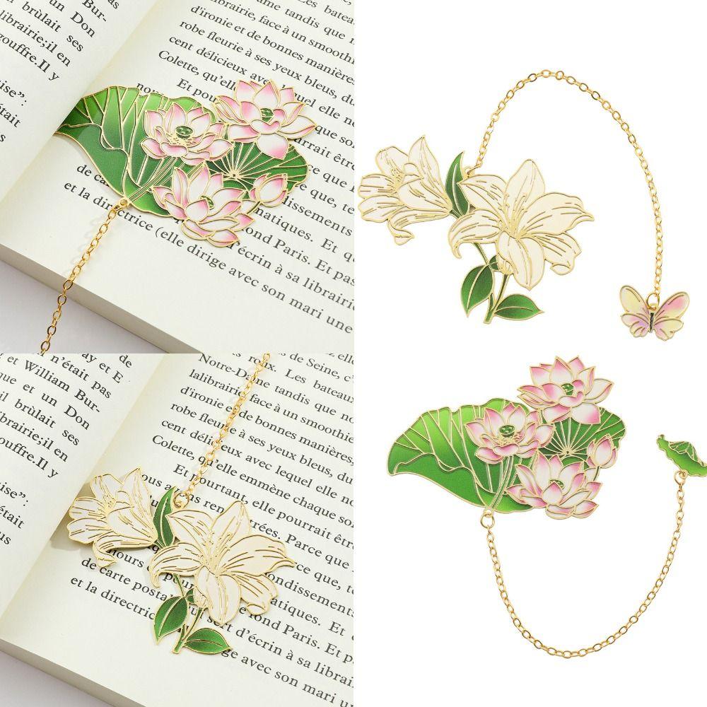 Creative Metal Lotus Flower Bookmark Painted Pendant Brass Bookmark Tassel Chinese Style Reading Markers Stationery