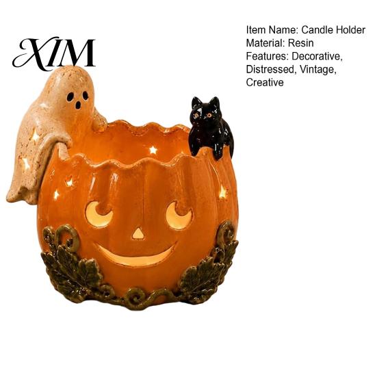 Fall Harvest Table Decor Halloween Pumpkin Candle Holder, Resin Ghost Black Cat Tea Light Candlestick for Lights Stand, Retro Distressed Decorative