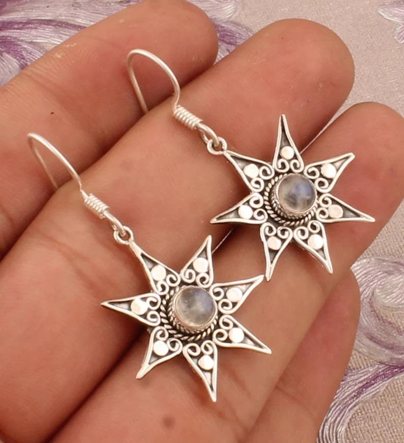 925 Sterling Silver Rainbow Moonstone Gemstone Earrings, Designer Sun Silver Earrings, Handcrafted Earring