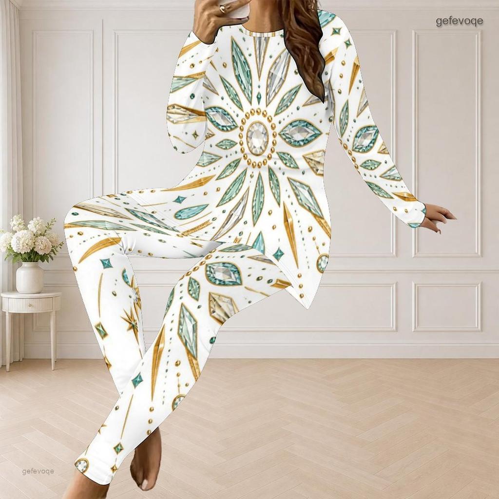 Women Plus Size Black Printed Round Neck Long Sleeve Longline Top Fitted Pants Two Piece Set