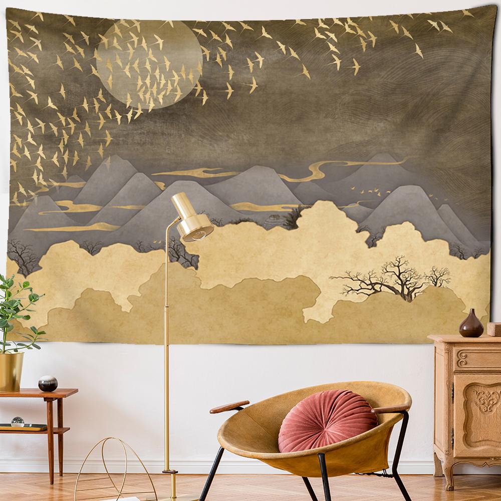 Mountains Sun Moon Landscape Print Tapestry Migratory Birds Fly Wall Hanging Tapestry Macrame Wall Hanging Home Art Decor
