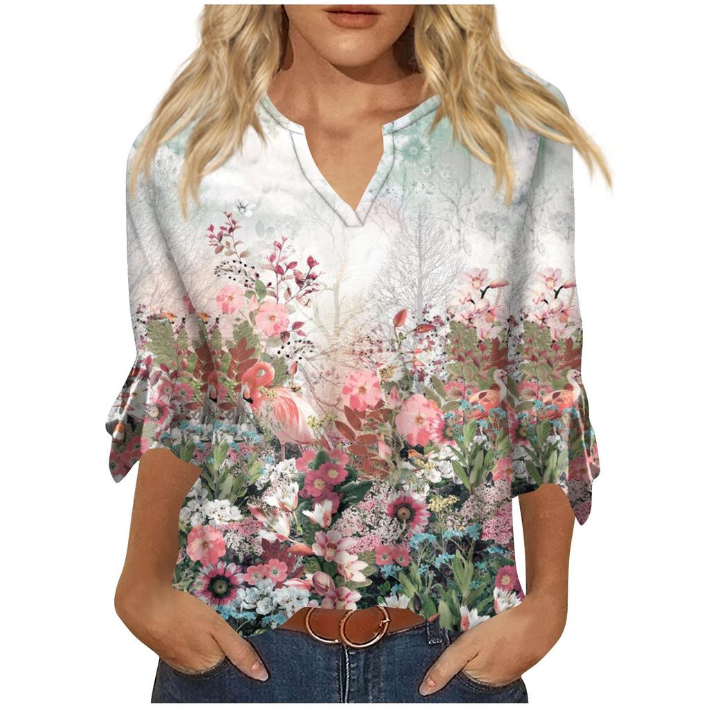 Women's Top Loose Casual V-neck Printed Blouses Bell 3/4 Sleeve T-shirt