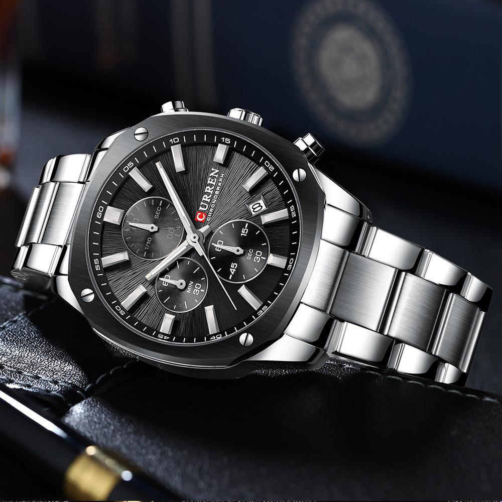 CURREN 8490 Top Brand Chronograph Watch for Men Stainless Steel Band Quartz Clock with Luminous Pointers Wristwatch Hands