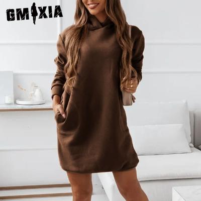 Vestido de mujer de color liso con mangas largas y capucha estilo hipster para otoño e invierno