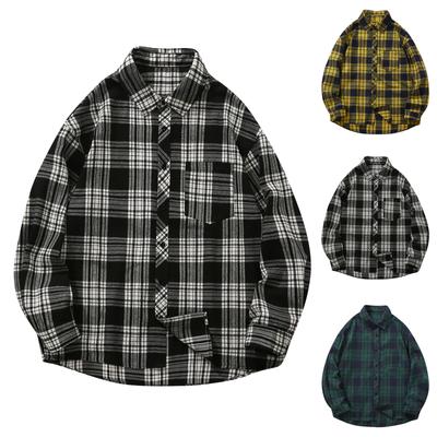 Men's Fashion Casual Loose Plaid Pocket Lapel Long Sleeve Shirt Top Blouse