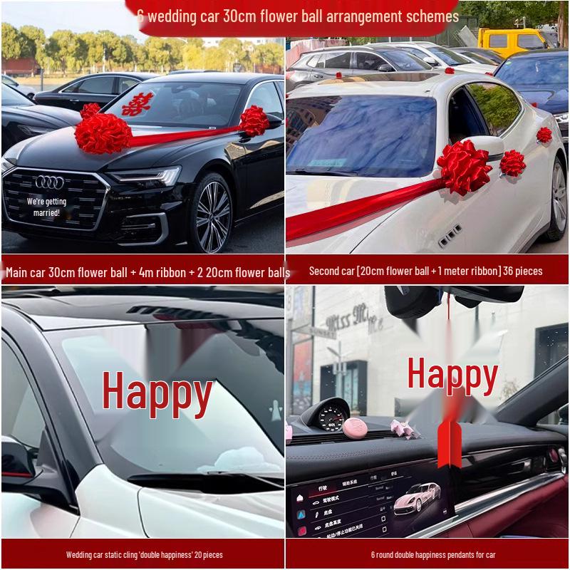 Complete Wedding Car Decoration Set: Escort Car Hood Flowers, Welcome Garland, Double Happiness Arrangement for a Festive Display