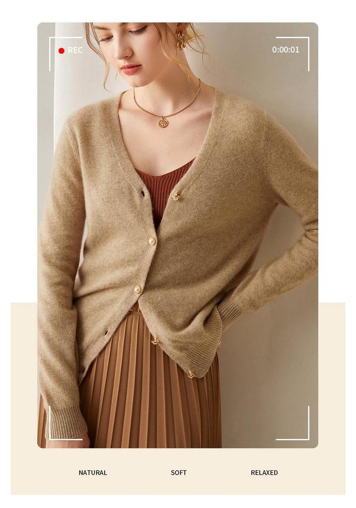 Women's V-Neck Cashmere Cardigan – Thin, Loose, Casual Knit Sweater for Autumn/Winter