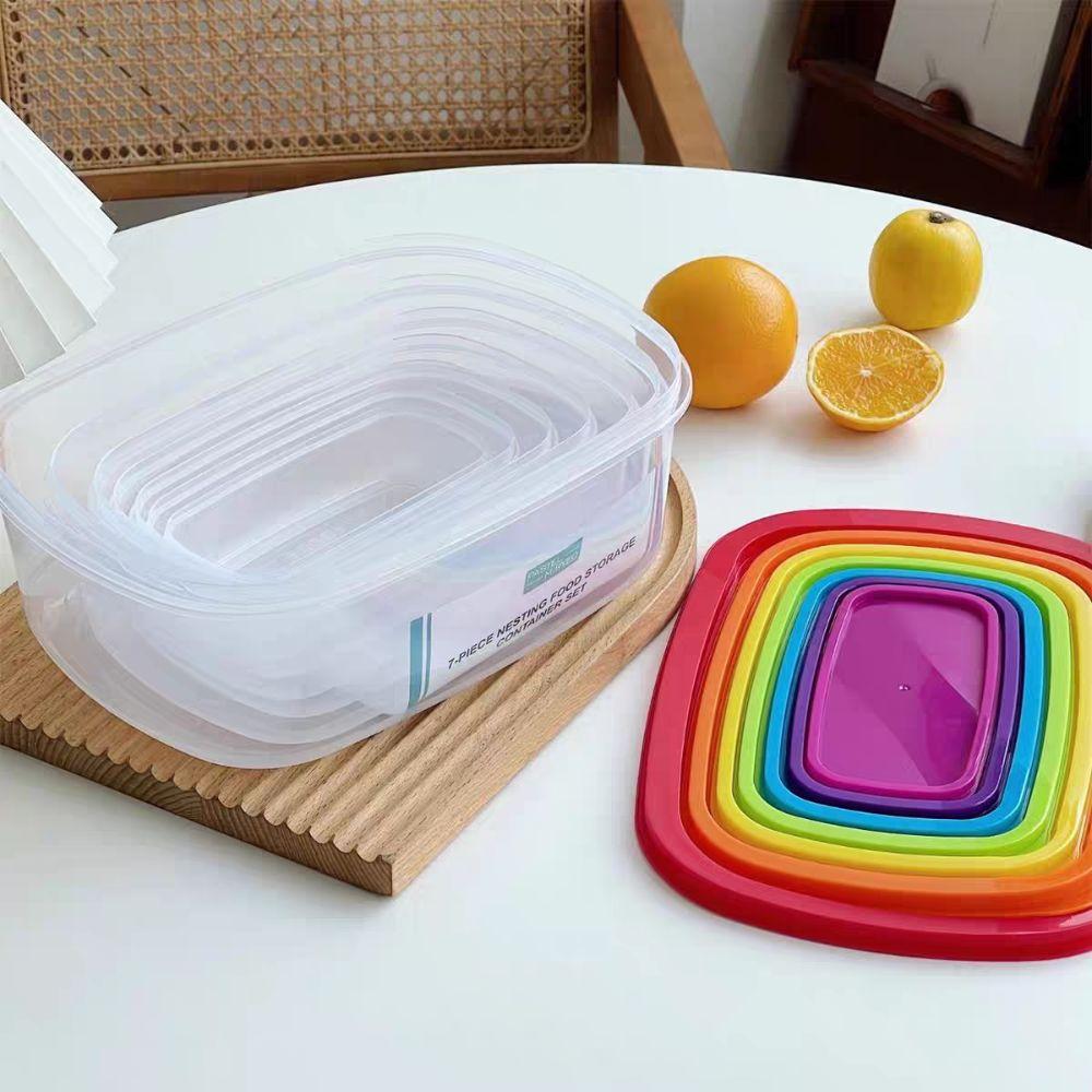 7Pcs Plastic Freshing Box Rainbow Food Sealed Box Reusable Sealed Food Container  Kitchen Picnic Use