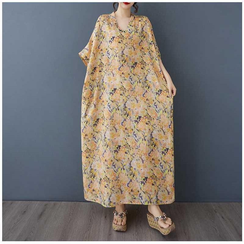 Women's Vintage Long Dress with Cotton and Linen Patterns