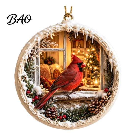 Christmas Party Supplies Acrylic Red Bird Ornament, Snow Scene Pattern Xmas Tree Lightweight Decor Hanging Decor, Retro Round Pendant for Winter