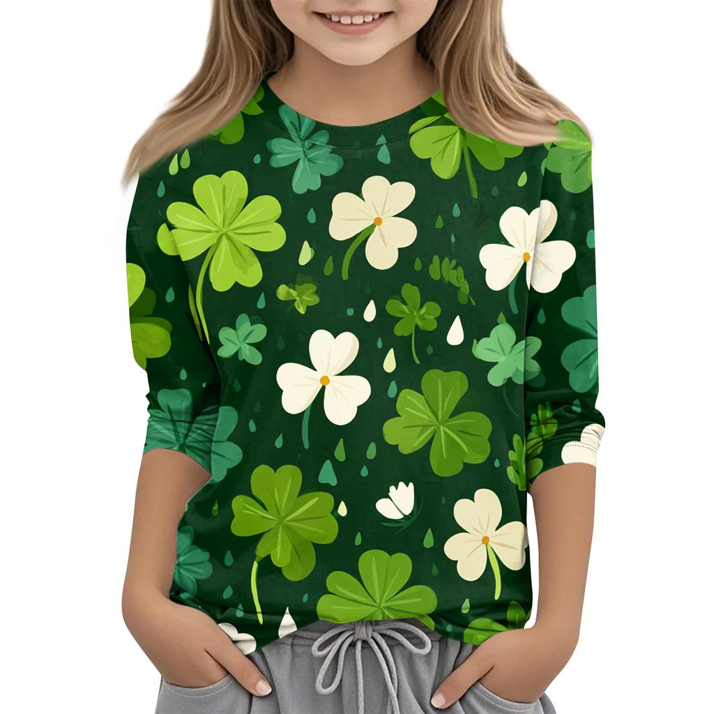 St. Patrick's Day Print Tops For Youth Girls 4-11 Years Round Neck 3/4 Sleeves T-Shirts Trendy Tops Outfit Tees