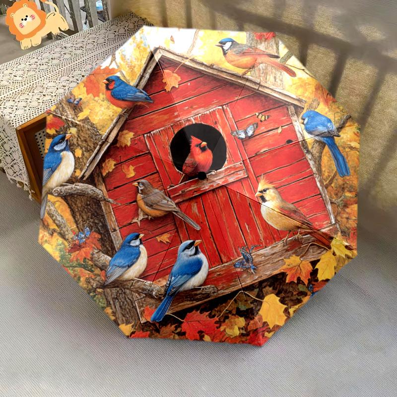 1 PC Automatic Folding Umbrella - Autumn Birdhouse Birds Pattern, Portable & Foldable Design with 8 Ribs, Christmas Birthday Gifts
