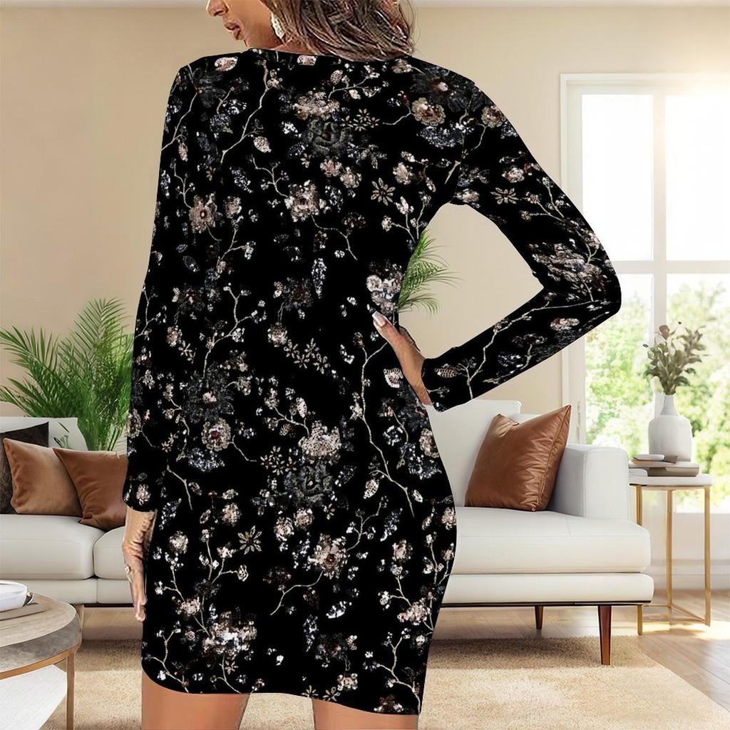 2025 Autumn and Winter New 3D Flower Print and Dyeing Women's Fashion Long-sleeved Round Neck Hip-wrapped Dress Valentine's Day Limited