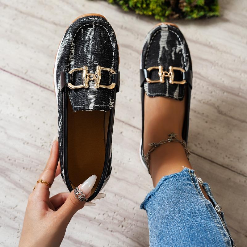 Fashion Women's Fashion Flat Shoes Fall New Round Head Denim Deep Mouth Metal Chain Anti-slip Wear-resistant Low-top Shoes