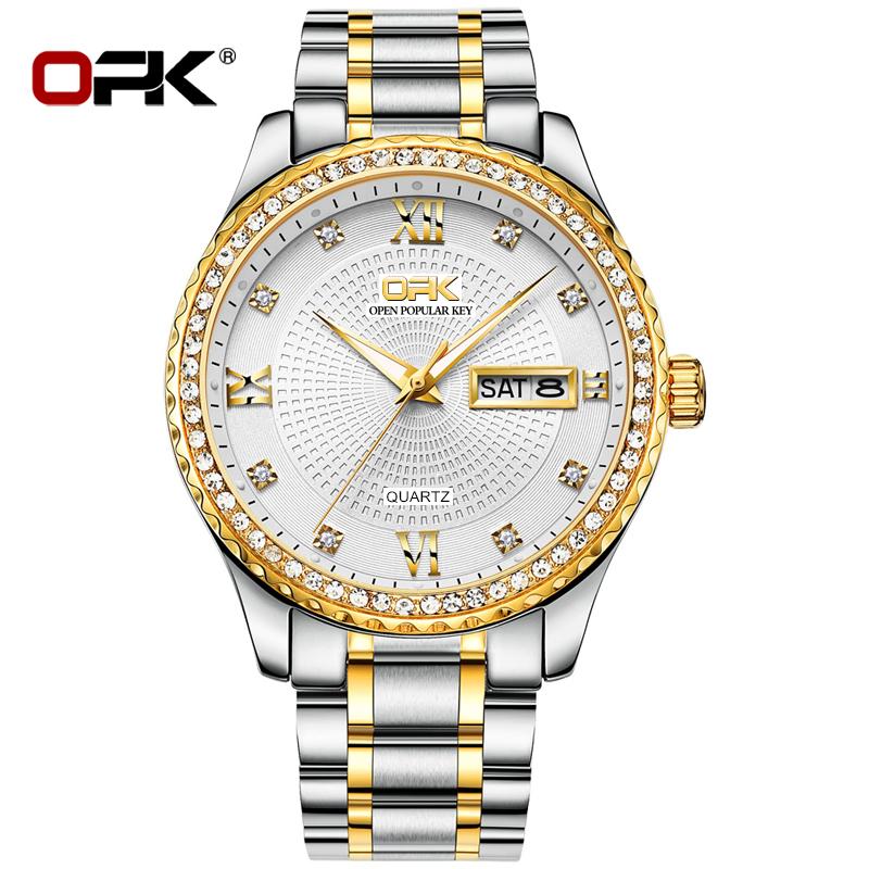OPK Brand Steel Band Three-Pin Double Calendar Waterproof Men's Quartz Watch 8113