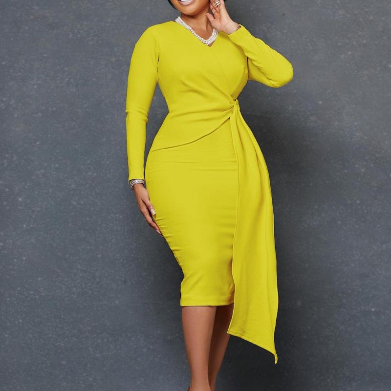 Women's Autumn Fashion Large Size V-Neck Long Sleeve Temperament Pencil Dress Dress