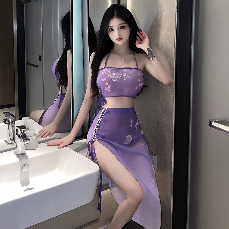 Sex underwear classical style perspective chest wrap split suit role-playing retro neck shorts high waist slit skirt