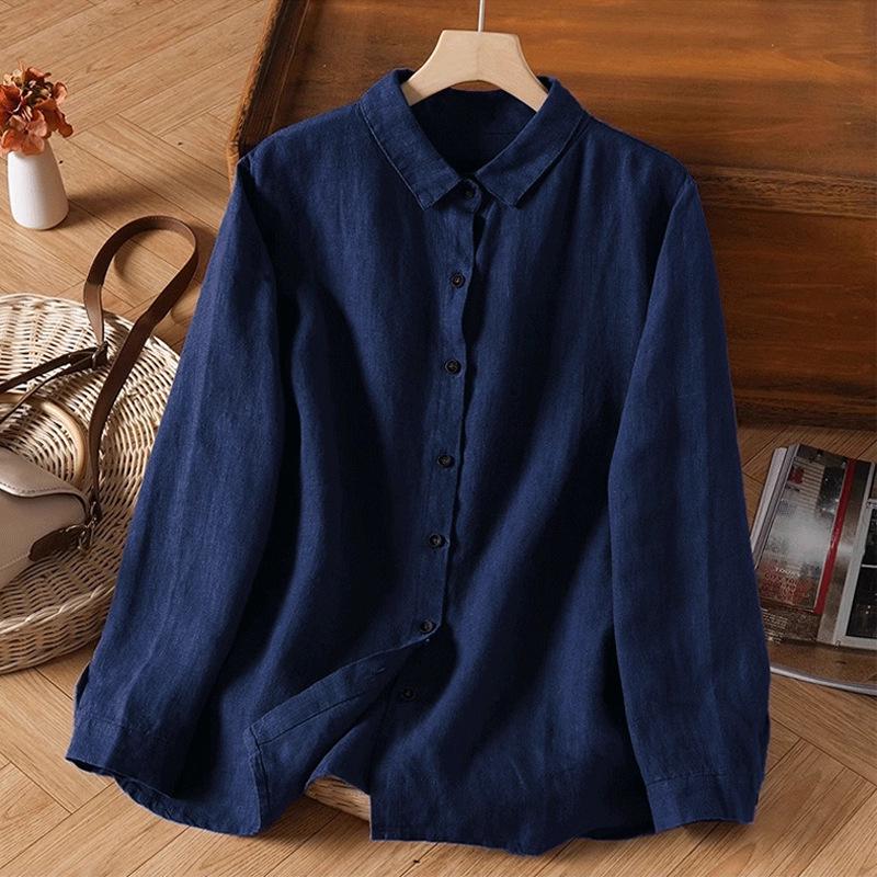 

Women s Dark Blue Linen Long-Sleeve Casual Shirt Medium темно-синий