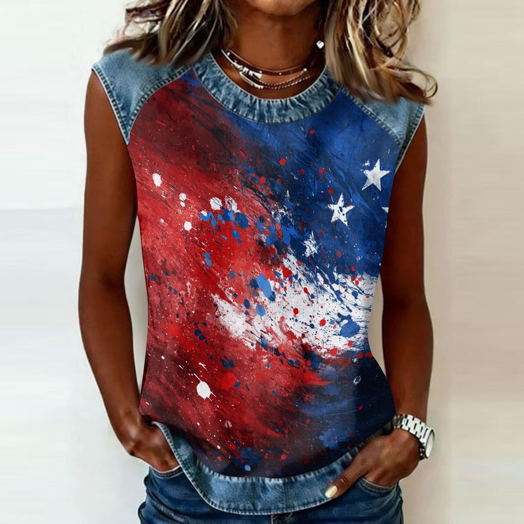 Women's Casual Sleeveless Pullover Tank Top Round Neck Independence Day Print Sleeveless Blouse Summer Outdoor Shirt