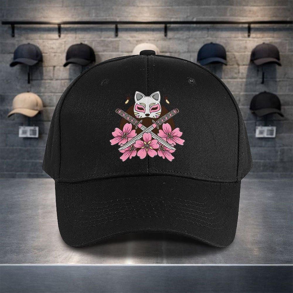 Kitsune Fox Mask Katana Cherry Blossom Baseball Cap Unisex Polyester Casual Adjustable Outdoor Hat