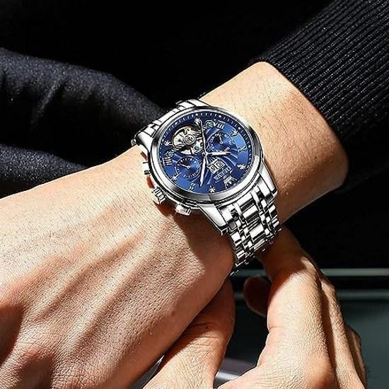 OLEVS wristwatch mens popular blue automatic skeleton stylish watch luminous calendar date waterproof