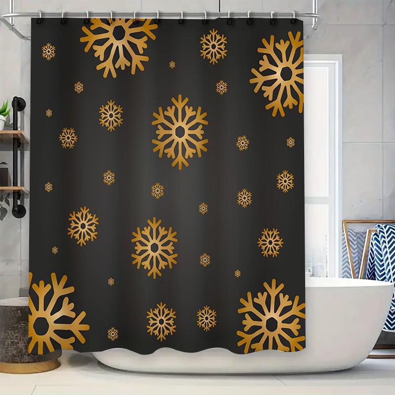 

Golden Snowflake Print Shower Curtain Waterproof Bathroom Decor for Home Decor Black Background with 3D Design Pattern Wall Hang 90x180cm