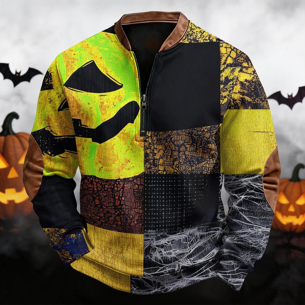 Men's Vintage Halloween Print Half Zip Crewneck Sweatshirt