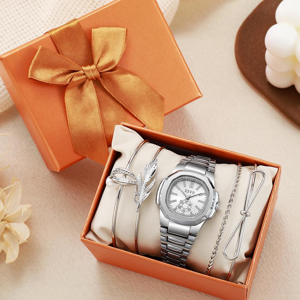 No Gift Box Classic Elegant Square Dial Calendar Wrist Quartz Watch   Pearl Bracelet 5 Piece Set