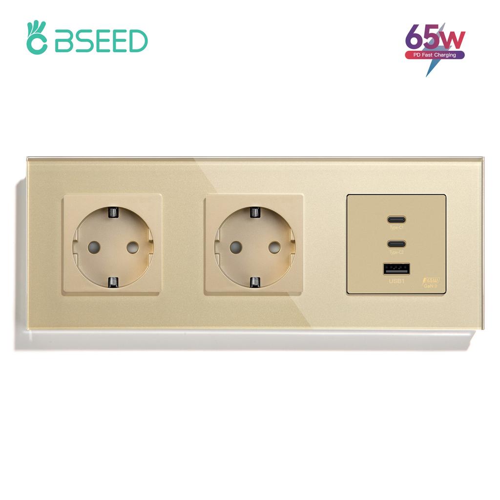 BSEED Power Sockets Electric Outlets Plus Dual Type-c USB Fast Charging Ports 65W 3A Glass Frame EU Standard Wall Embedded
