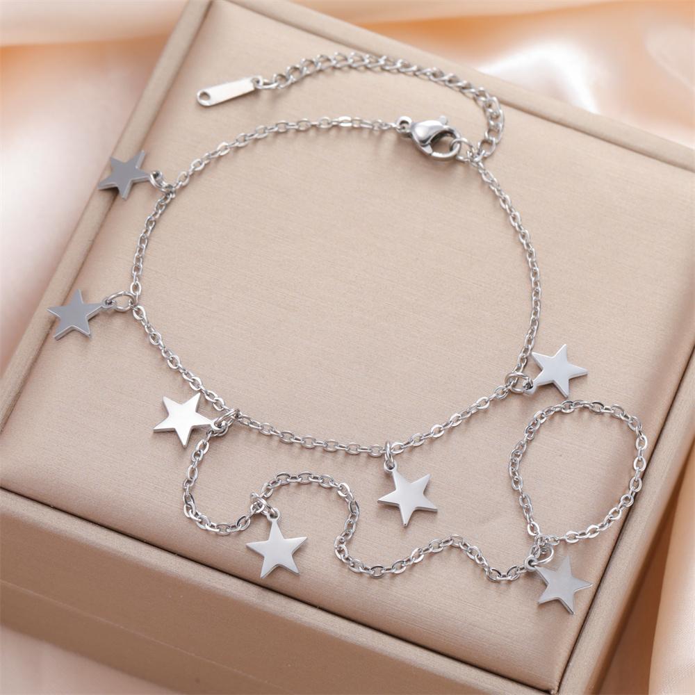 Star Charms Bracelet Ring Hollow Out Solid Stars Bracelet with Finger Chain Stainless Steel Adjustable Chain Jewelry Party Daily
