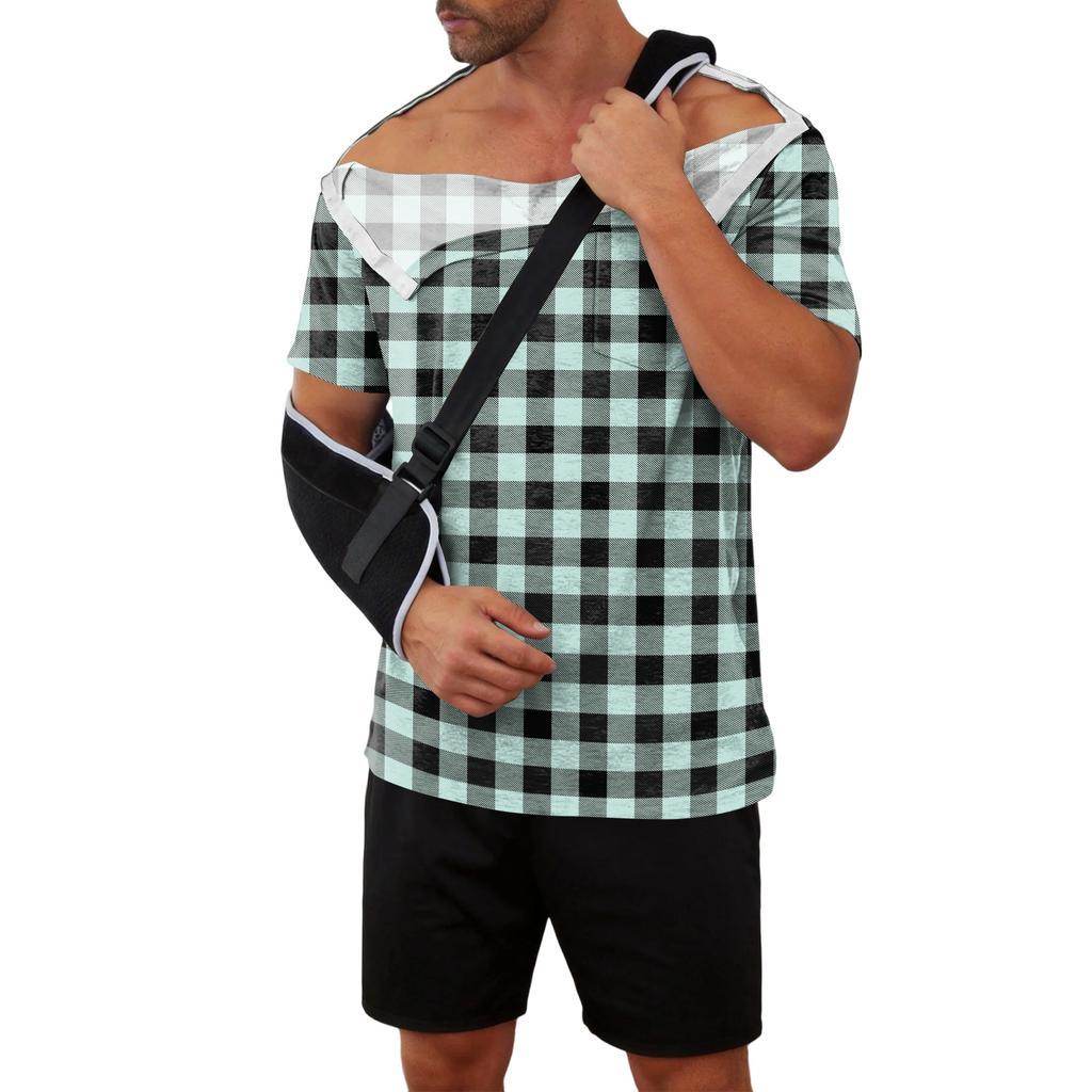 Men's Plaid Printed Recovery Shirt Away Short Sleeve Full Open Front Side Design Adaptive Top