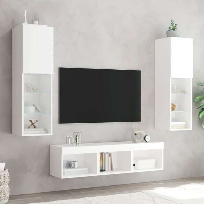 VidaXL TV Wall Units with LED 5 Pcs, Hanging TV Cabinets, Living Room TV Furniture, Modern, White Wood 3216604