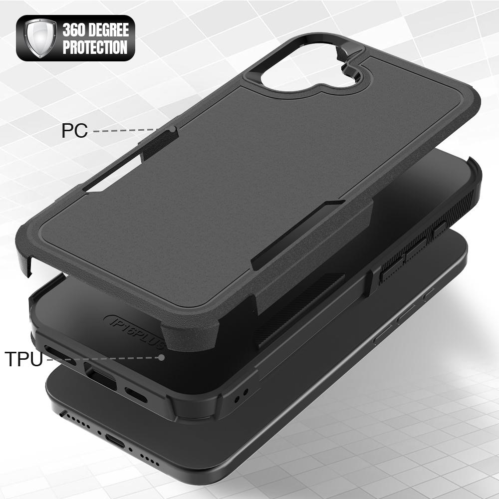

For iPhone 16 Plus Case 2-in-1 PC+TPU Shockproof Phone Cover Black