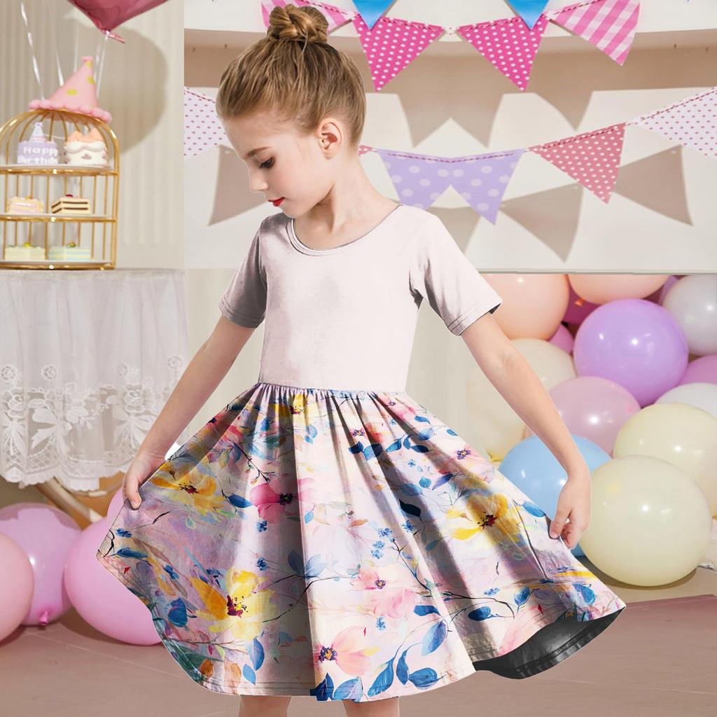 Girl Summer Dress Toddler Skater Dress Color Short Sleeve Casual A-Line T-Shirt Dress