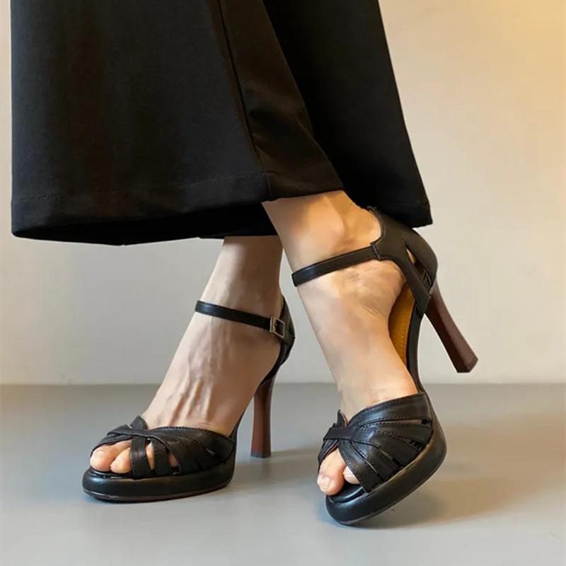 Retro Weaving Design Heeled Sandals Women Sexy Peep Toe High Heels Elegant Cover Heel Buckle Platform Gladiator Sandals Sandales