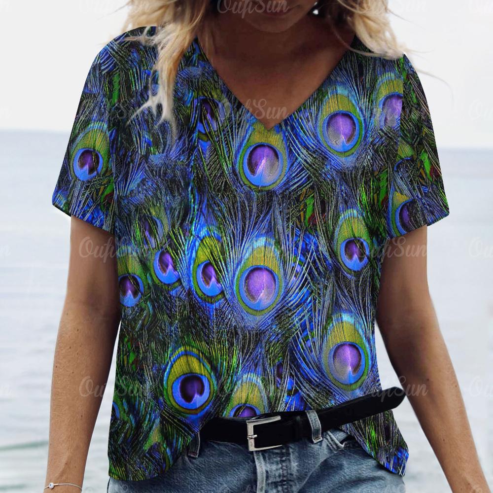 2024 New Women T-shirt Peacock Feather Print Plus Size Top Summer Women's Trend Clothing Fashion Short Sleeve Shirt V-Neck Tees