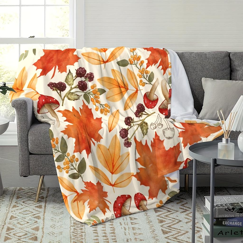 1pc Autumn Leaves & Mushrooms Print Flannel Blanket - Cozy Fall Decor Throw with Vibrant Orange/Yellow/Brown/Green/Purple Colors