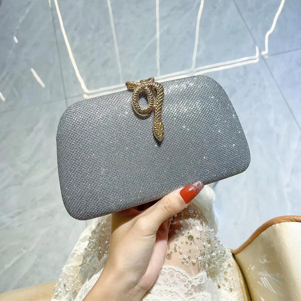 Glitter Snake Buckle Clutch Bags for Women Formal Party Elegant Wedding Cocktail Evening Handbags Luxury Chain Shoulder Bags серый