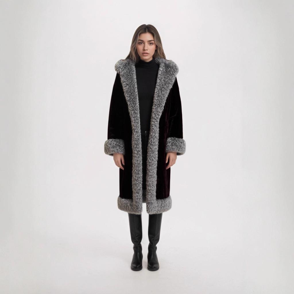 25 Year New European Fashion Long Coat with Fur Collar and Hooded Fur Grass Coat