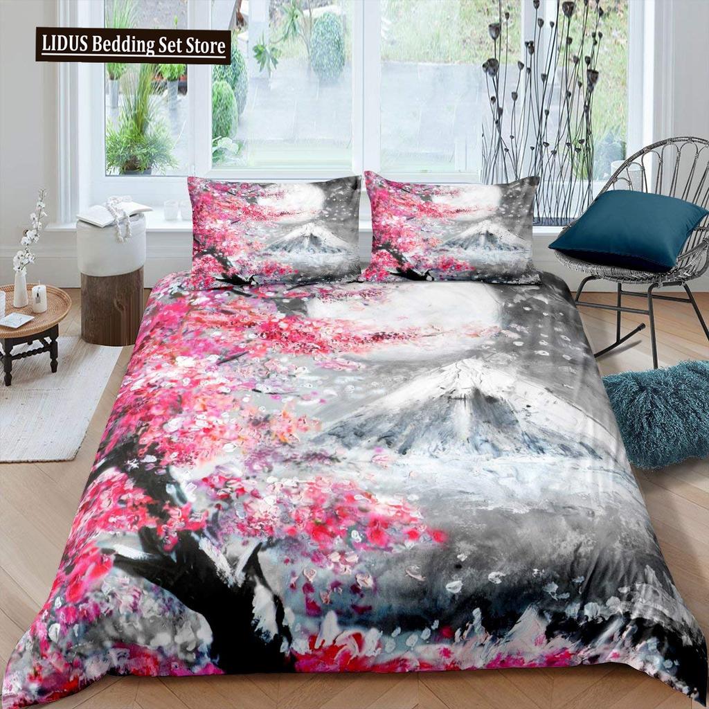 Japanese Duvet Cover Set,Branch Of A Flourishing Sakura Tree Flower Cherry Blossoms Spring Theme Art Japan Bedding Set Full Size