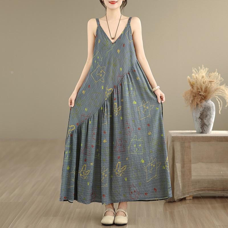 Sleeveless Strap Cotton Vintage Floral New in Dresses For Women Casual Loose Long Summer Dress Elegant Clothing