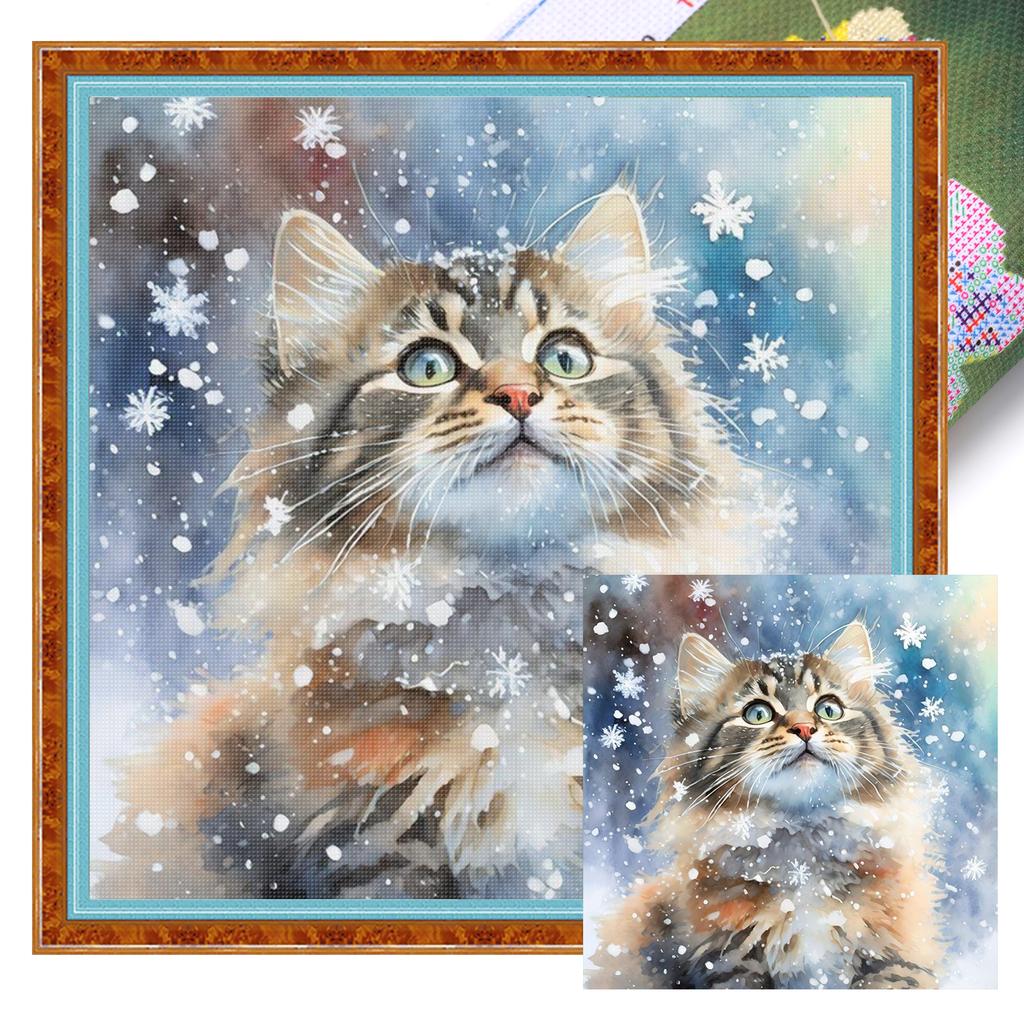 Cat Full 11CT DIY Stamped Cross Stitch Kits 15.75x15.75in Printed Cross-Stitch Kits for Beginners Adults Home Decor