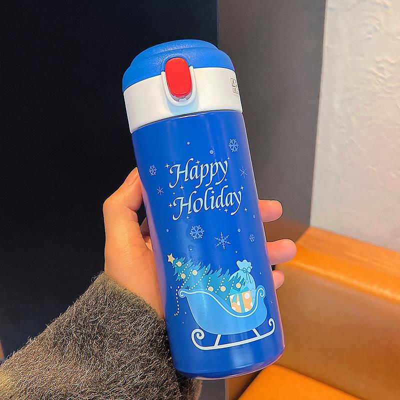 New Cute Christmas Thermos Water Bottle With Straw For Kids Vacuum Insulation Drinking Bottles Thermo Cup Couple Christmas Gift